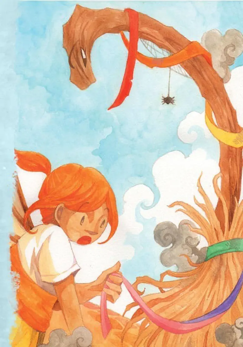 Fairy Kate examining dirty tangled rainbow broom with spider hanging from bristles in blue sky