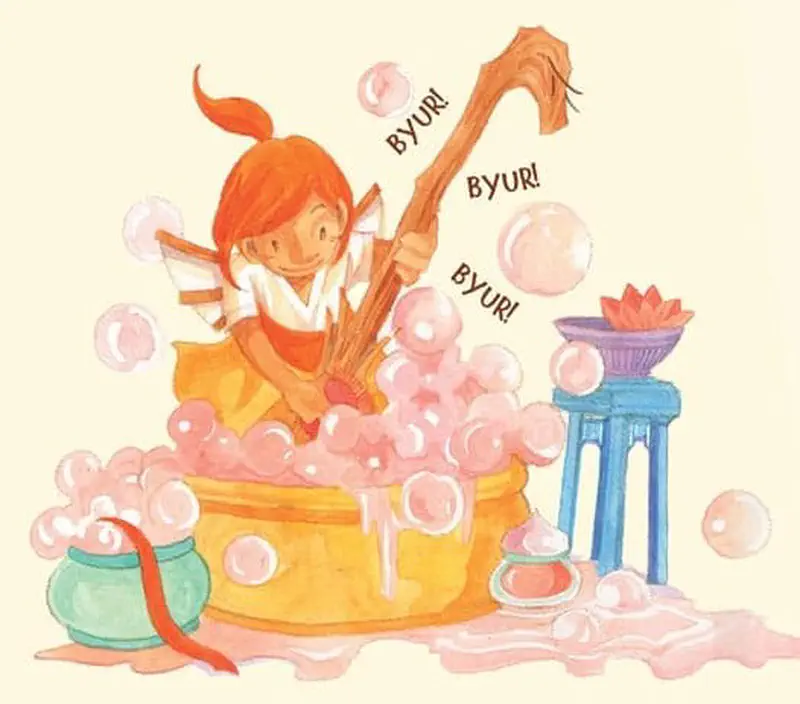 Fairy Kate scrubbing rainbow broom in golden tub full of pink bubbles with lotus flower nearby