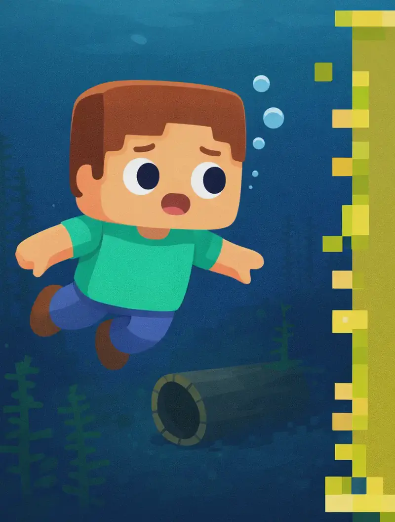 On the left side of the image, the scene shows a deep, dark underwater environment. Dark blue water stretches out into the murky distance. Tall kelp and underwater vegetation rise from the dark ocean floor. A hollow wooden log rests near the center-left on the seafloor, visibly empty — the cod is no longer inside. Steve swims in the mid-ground, facing toward the viewer with a puzzled, searching expression, peering around the dark water. He has a large square head, short brown hair, light peach skin, and wears a teal/cyan short-sleeve t-shirt, blue pants, and dark brown shoes. The right side of the image is dominated by a large olive/yellow-green pixelated overlay panel, leaving that area as a plain background for text.