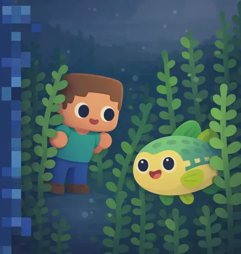 On the right side of the image, an underwater scene shows a dense field of tall green kelp stretching across the ocean floor, with murky, dim water and a dark overcast sky visible above the surface. Cod is partially hidden among the kelp on the right, peeking out with its round chubby body, pale yellow underbelly, green-and-teal patterned back, and large round black eyes visible between the fronds. Steve is visible near the center-right, cautiously peering into the kelp with a careful, focused expression. He has a large square head, short brown hair, light peach skin, and wears a teal/cyan short-sleeve t-shirt, blue pants, and dark brown shoes. The left side of the image is occupied by a dark blue text overlay area with a pixelated border.