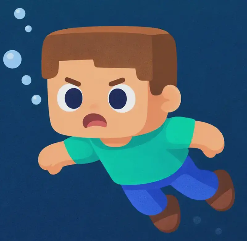 On the left side of the image, a sandy sandbar sits in dark, murky underwater waters, empty and still. The scene is dimly lit, set in deep water at night or in dark ocean depths. Small disturbed sand particles float near the sandbar, suggesting something was recently here but has left. Steve swims nearby on the right side, facing toward the viewer with a frustrated, searching expression, looking around the empty sandbar. He has a large square head, short brown hair, light peach skin, and wears a teal/cyan short-sleeve t-shirt, blue pants, and dark brown shoes. The right side of the image has open dark water suitable for text overlay.