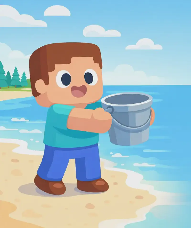 On the left side of the image, Steve stands on a sandy beach at the water's edge, facing toward the viewer at a three-quarter angle with a determined, excited expression, holding a gray bucket out in front of him. He has a large square head, short brown hair, light peach skin, large round dark-blue eyes, and wears a teal/cyan short-sleeve t-shirt, blue pants, and dark brown shoes. The outdoor scene shows a bright daytime sky with scattered clouds, a calm ocean in the background with gentle waves lapping at the shore, and a tree line of evergreen trees along the distant shore. The right side of the image has open sky and ocean suitable for text overlay.