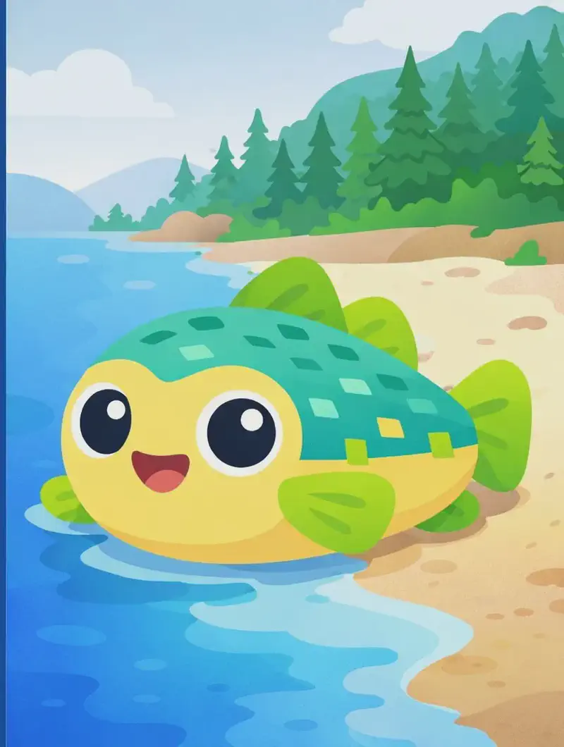 On the right side of the image, a large Cod rests on a sandy shoreline or shallow water's edge. Cod has a round, chubby body with a pale yellow underbelly transitioning into a green-and-teal patterned back with small rectangular spot markings, large round black eyes with white highlights, a small open pink mouth, and lime-green fins with subtle line detailing. The scene shows a coastal environment with evergreen trees and forested hills in the background under an overcast sky. The left side of the image is dominated by deep blue water, providing a clear plain area for text overlay.