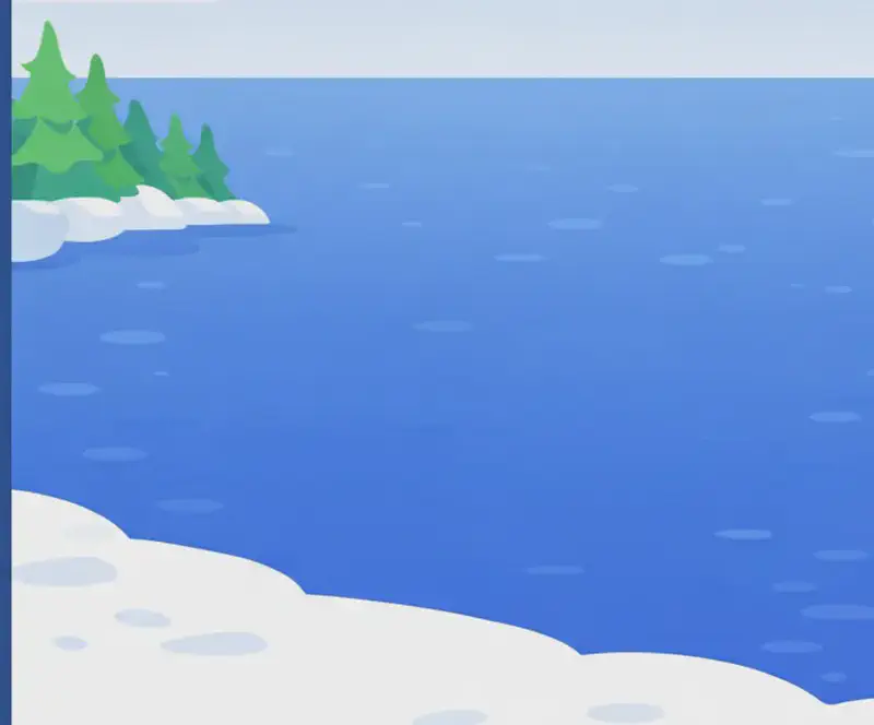 On the right side of the image, a vast ocean stretches out to the horizon, empty and mysterious. The scene is set outdoors during daytime with an overcast sky, evergreen trees lining a snowy or sandy shoreline in the background. No fishing rod, net, or tools are visible anywhere in the scene, emphasizing the lack of equipment. The left side is dominated by a large dark blue overlay area for text.