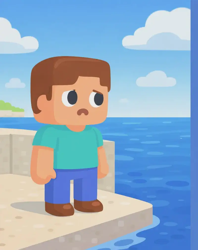 Steve stands on the left side of the image on a sandy shore beside a large body of deep blue water, facing toward the viewer at a three-quarter angle with a thoughtful, slightly frustrated expression and his arms at his sides. He has a large square head, short brown hair parted to the side, light peach skin, large round dark-blue eyes, and a small mouth. He wears a teal/cyan short-sleeve t-shirt, blue pants, and dark brown shoes. He has no fishing rod or net, and the scene conveys his dilemma of wanting to catch fish without the right tools. The setting is outdoors on a bright, sunny day with a clear blue sky and scattered white clouds, with a low stone wall running behind him along the waterfront.
