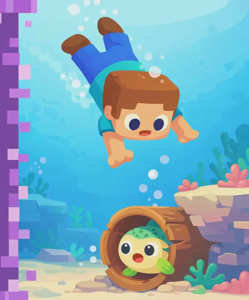 On the right side of the image, Steve is diving headfirst downward into clear blue underwater waters, arms outstretched with a determined pose. He has a large square head, short brown hair, light peach skin, and wears a teal/cyan short-sleeve t-shirt, blue pants, and dark brown shoes. The underwater scene shows coral, rocky ledges, aquatic plants, and a hollow log resting on the ocean floor below. Cod is partially visible peeking out from inside the log with a startled expression, having darted inside after feeling Steve's splash. Cod has a round chubby body with a pale yellow underbelly, green-and-teal patterned back, and large round black eyes. The left ~40% of the image is a plain purple rectangle for text overlay with a pixelated border.