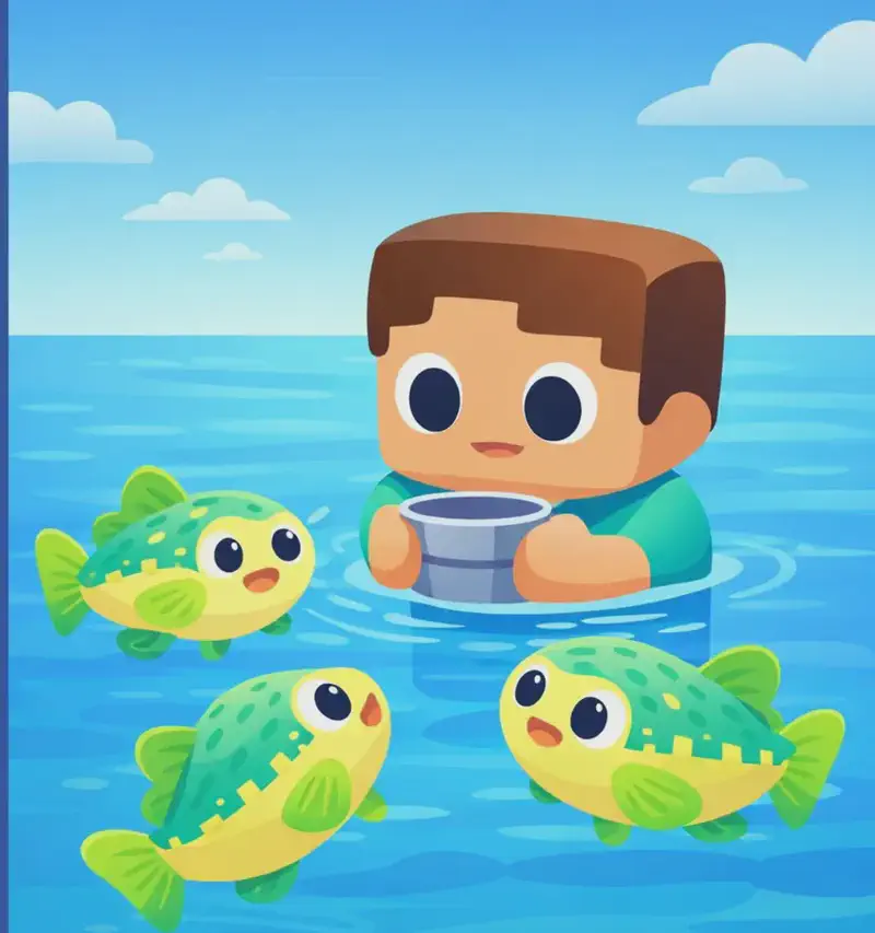 On the right side of the image, Steve sits submerged in the shallow ocean water up to his shoulders, holding a gray bucket just above the waterline, staying very still with a quiet, focused expression. He has a large square head, short brown hair, light peach skin, and the top of his teal/cyan short-sleeve t-shirt is visible above the water. Several Cod swim up close to him in the shallow water, approaching naively. Each Cod has a round, chubby body with a pale yellow underbelly, green-and-teal patterned back with small rectangular spot markings, large round black eyes with white highlights, and lime-green fins. The scene is set outdoors on a bright day with a blue sky and wispy clouds, with the open sea stretching to the horizon. The left side of the image is occupied by a large dark blue text overlay area.