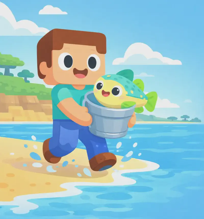 On the left side of the image, Steve stands on a sandy beach at the edge of the sea, jumping or stepping triumphantly out of the shallow water with an excited, proud expression. He has a large square head, short brown hair, light peach skin, large round dark-blue eyes, and wears a teal/cyan short-sleeve t-shirt, blue pants, and dark brown shoes — visibly wet. He holds a gray bucket in both hands, and inside the bucket Cod is visible — a round, chubby fish with a pale yellow underbelly, green-and-teal patterned back, large round black eyes, and lime-green fins, flopping in the bucket. The ocean stretches out behind him under a daytime sky with scattered clouds, and green terrain with trees is visible in the background. The right side of the image is open sky and background suitable for text overlay.