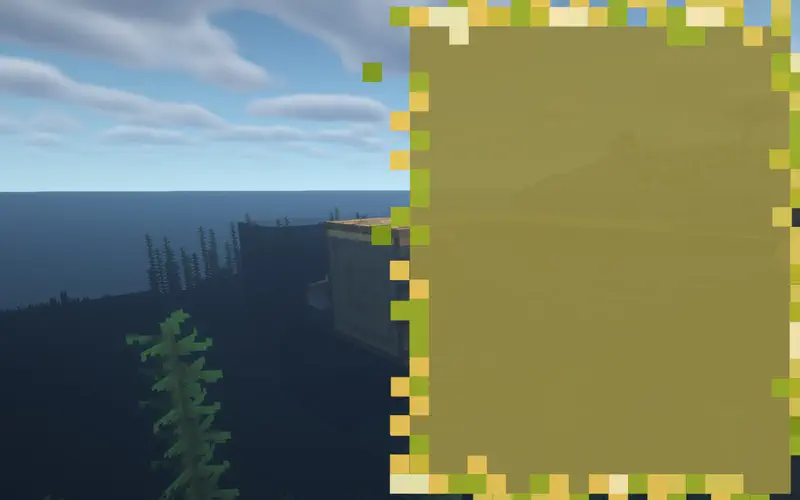 Minecraft boat on dark ocean water with kelp growing tall, cloudy sky above, olive-colored text panel on right.