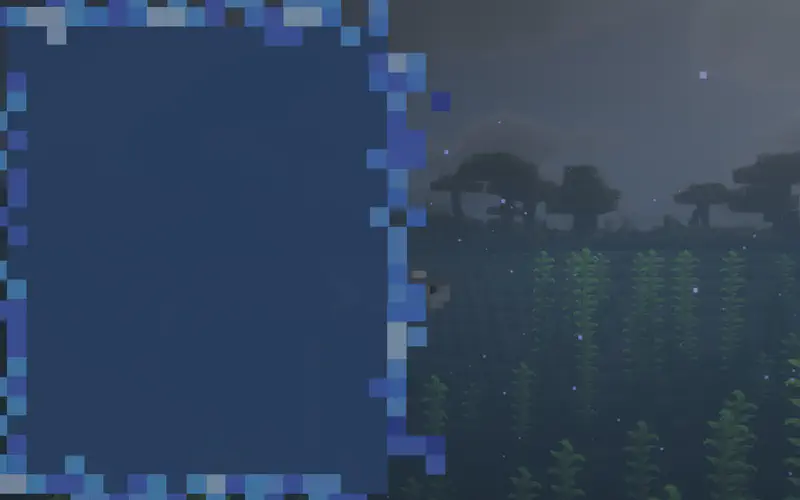 Minecraft nighttime scene with kelp field, distant trees, small fish visible, fireflies glowing in misty atmosphere.