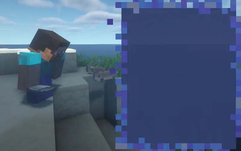 Minecraft Steve sitting on grass block holding fishing rod, looking at fish in river with kelp and distant trees.