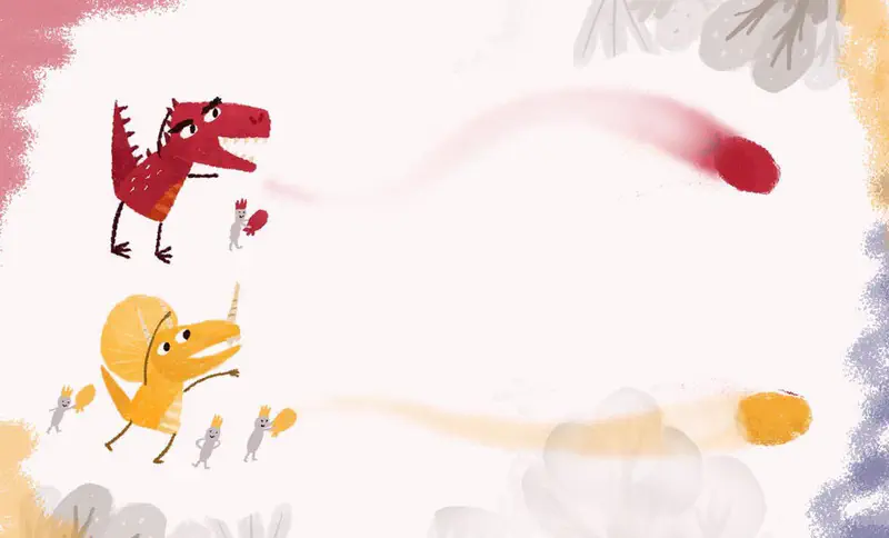 A red dinosaur and yellow dinosaur with small fairy creatures throwing red and yellow paint balls against a pastel background.