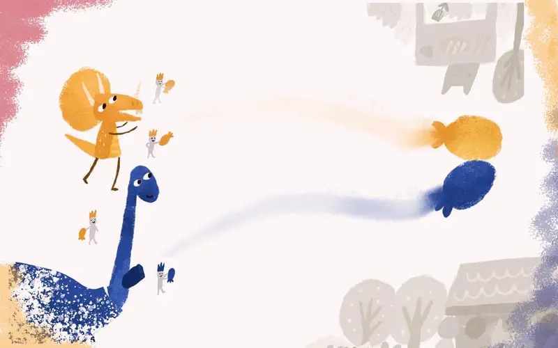 A yellow dinosaur riding on a blue long-necked dinosaur while fairy creatures throw blue and yellow paint balls creating color trails.