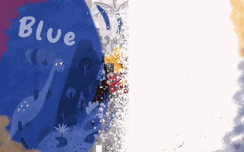 A deep blue page with the word Blue displayed, featuring a blue long-necked dinosaur surrounded by blue trees, plants, and balloons.