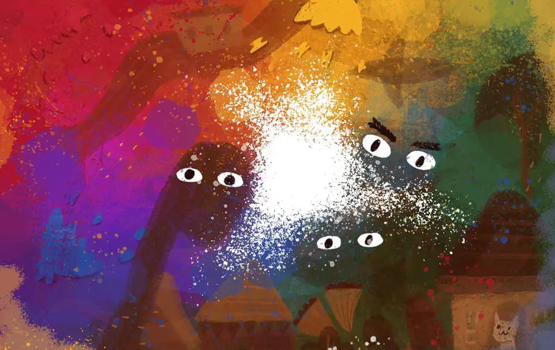 Three dinosaur silhouettes with curious eyes staring at a bright white light burst surrounded by swirling rainbow colors.