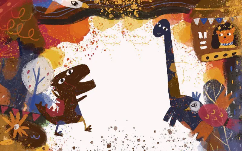 Three dinosaurs now covered in mixed brown colors standing in a vibrant colorful village with a cat, flowers, and festive decorations.