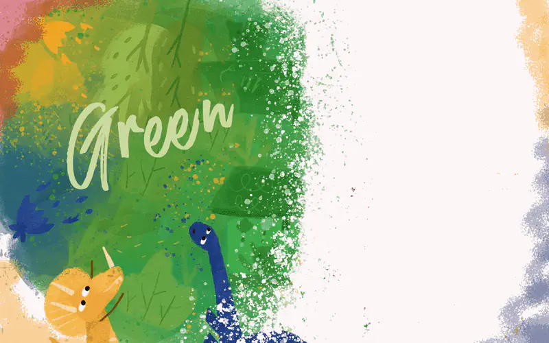 A green paint splash with the word Green displayed, showing a yellow dinosaur and blue long-necked dinosaur whose colors mix into green with leaves.