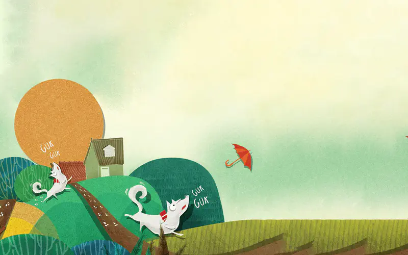 Multiple white dogs run barking across rolling green hills near a house as a red umbrella floats in the sky.