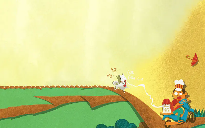 Rex runs panting along a hillside while a delivery person on a scooter watches and a red umbrella floats in the sky.