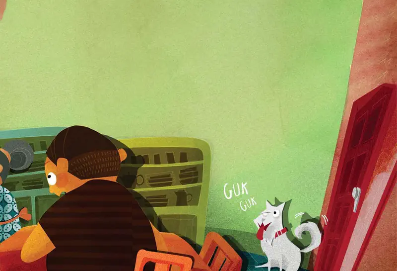 The boy looks back from inside the house as Rex the white dog barks at a red door, wanting to go outside.