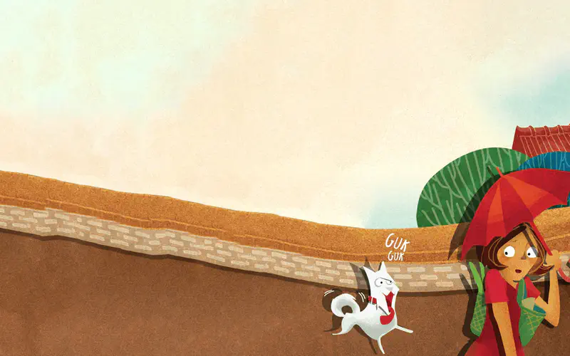 Rex barks at a girl holding a red umbrella near a brick wall while a ball rolls on the ground.