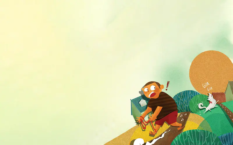 The boy runs after Rex who is barking and racing down a hill past houses toward a large orange sun.