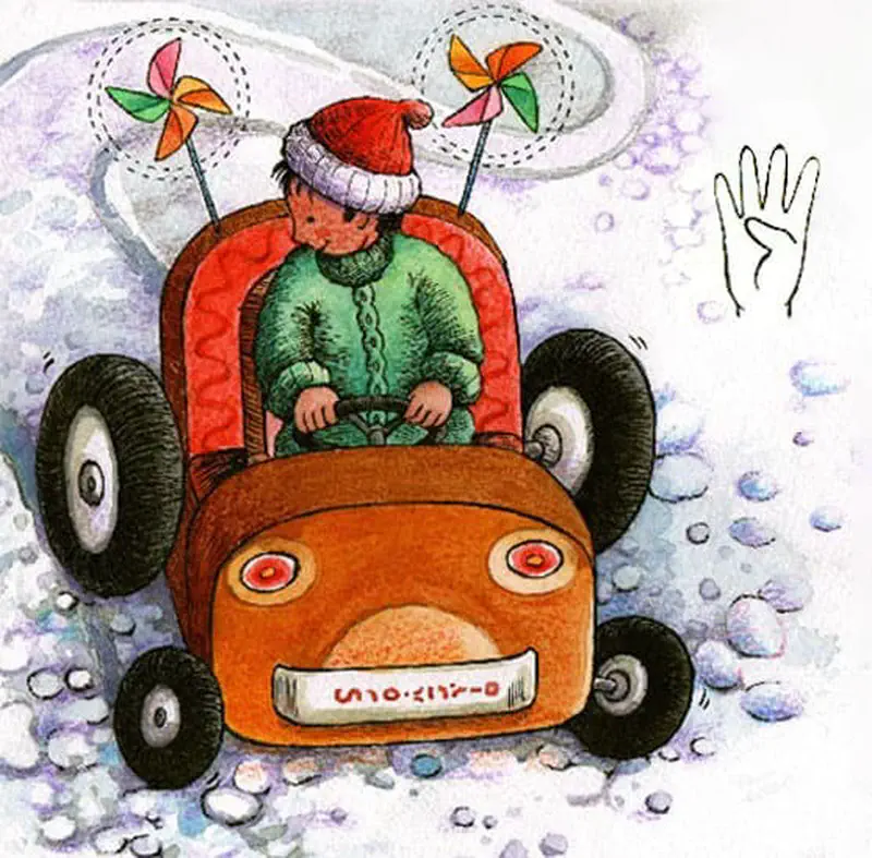 A child in winter clothes drives an orange toy car with two colorful pinwheels spinning on top through snowy terrain.