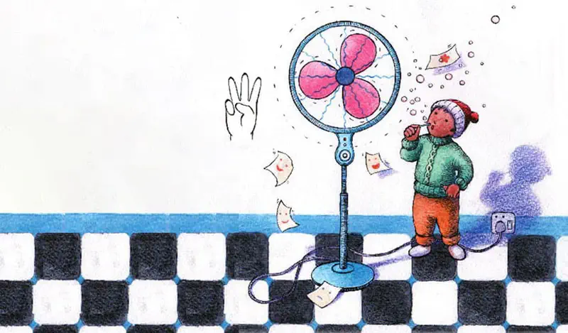 A child blows bubbles near a pink three-bladed electric fan on a checkered floor while papers flutter in the breeze.