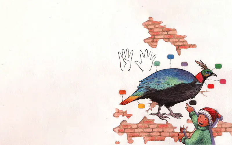 A colorful bird with blue and green feathers walks past a child near a brick wall with colorful lights and two hands showing nine.