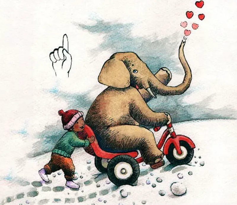A child pushes a red tricycle carrying a large elephant who blows hearts from its trunk in a snowy landscape.