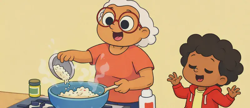 In the lower-left portion of the image, Gran stands at a kitchen stove, smiling warmly as she pours grated coconut from a small pan into a large mixing bowl, with steam rising from the bowl. The child stands beside her to the right, eyes closed and smiling contentedly, hands raised as if savoring the aroma. The scene is set in a cozy indoor kitchen with a gas stovetop, a jar on the counter, and a plain warm-yellow background filling the top half of the image.