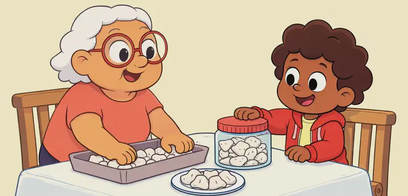 In the lower-left portion of the image, Gran and the child sit at a kitchen table covered with a lace-edged cloth. Gran is seated on the left, smiling and leaning forward with both hands on a tray filled with coconut chunks. The child sits across from her on the right, smiling contentedly while placing a lid onto a glass jar filled with coconut pieces. A plate of coconut chunks also sits on the table between them. The top half of the image is plain pale yellow background.