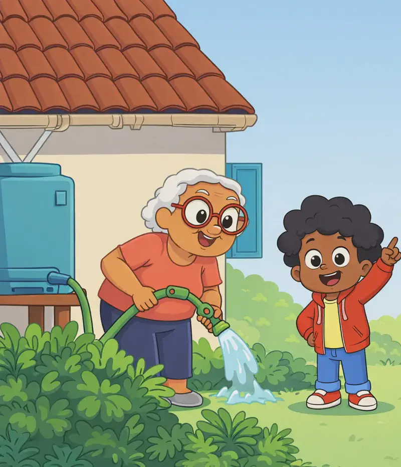 On the left side of the image, Gran stands in a lush garden beside a house, leaning forward slightly as she holds a garden hose connected to a water tank mounted on the side of the house, watering the dense green bushes and plants around her. She has a warm, focused expression. The child stands to Gran's left, smiling cheerfully with one arm raised in an excited wave or celebratory gesture. The scene is set outdoors on a bright day in a suburban backyard, with the side of a house and its tiled roof visible behind them, and thick green foliage filling the lower portion of the image. The right ~40% of the image is open, plain pale sky with no characters or detail.