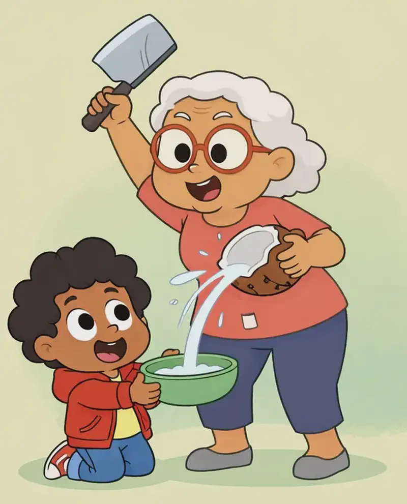 On the right side of the image, Gran stands with a determined, confident expression, raising a large blade high above her head with one hand while holding a cracked coconut in the other, coconut water splashing outward. The child kneels beside her on the ground, looking up with wide-eyed excitement, arms extended holding a bowl to catch the coconut water as it streams down. The scene is set against a plain, muted green-yellow background with a soft circular wash behind the characters, keeping the left side clear.
