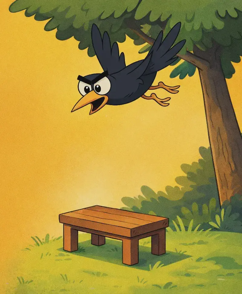 On the right side of the image, Crow is flying downward from the canopy of a large tree, wings spread wide, looking excitedly toward a wooden bench sitting on a grassy patch below. The bench looks like a small stage to Crow. The scene is an outdoor park setting bathed in warm golden-yellow light, suggesting a sunny afternoon. The left side of the image is open golden background, while the bench, tree, and Crow are all positioned on the right.