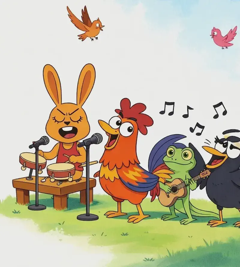 On the right side of the image, the four animals are performing together as a band outdoors on a grassy area under a blue sky. Rabbit sits behind a drum set with eyes closed and mouth open, singing happily while playing drums. Rooster stands in front of a microphone, singing with a joyful expression. Lizard stands upright behind Rooster, strumming a guitar with a wide grin. Crow is on the far right, dancing with wings spread wide and music notes floating around him, looking delighted. The left side of the image is plain white/sky background. Two small birds, one orange-brown and one pink, are flying in the sky above the band.