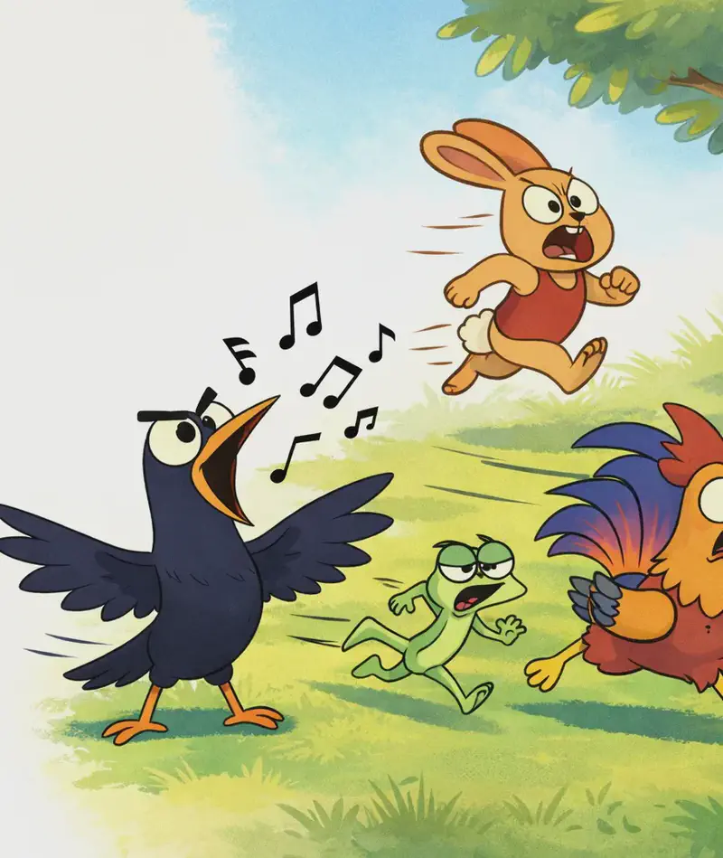 On the right side of the image, Crow stands in the center with his beak wide open, wings spread dramatically, singing loudly with musical notes floating from his mouth. Rooster dashes away to the right with a startled expression. Rabbit bolts toward the upper right looking alarmed. Lizard dashes away in the background between them, also fleeing. The scene is set outdoors on a grassy field on a bright, sunny day with blue sky and a tree branch visible in the upper-right corner. The left side of the image is plain white background.