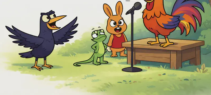 On the right side of the image, Rooster stands on a small wooden stage, leaning forward joyfully into a microphone stand, beak open wide as musical notes float upward, eyes wide with surprise and delight at the sound of his own singing. Rabbit stands just behind the stage, watching with a happy expression. Lizard stands in front of the stage near the microphone stand, looking up at Rooster. Crow is positioned in the center-left area, wings spread wide with an encouraging, excited pose, facing toward the group on the right. The scene is set outdoors on a sunny day in a grassy clearing with soft green trees and foliage in the background. A small blue bird is visible in the upper right area near the trees.