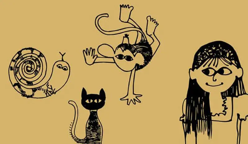 Line drawings on gold background showing a snail with spiral shell, an ostrich, a black cat, and a girl with long straight hair and glasses.