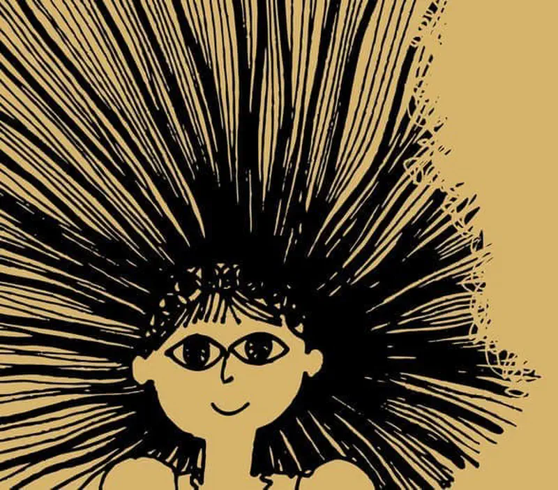 A girl with glasses has extremely spiky hair sticking straight out in all directions like a starburst on gold background.