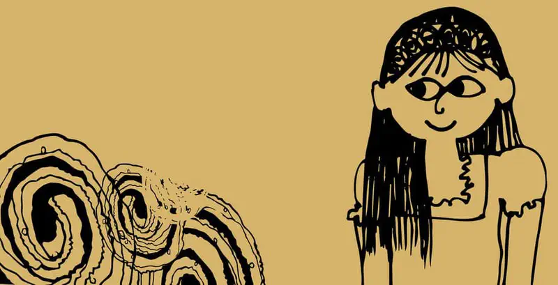 A girl with straight hair and glasses rests her chin on her hand, looking at spiral cinnamon roll shapes nearby.