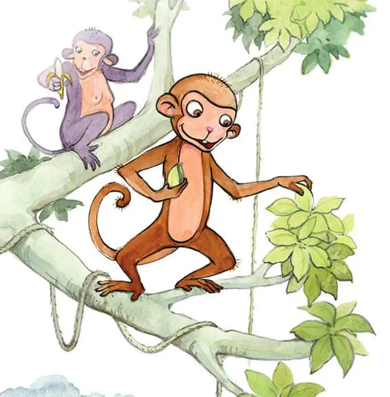 Two monkeys in a tree, a brown monkey named Dan climbs while a purple monkey with a banana watches from above.