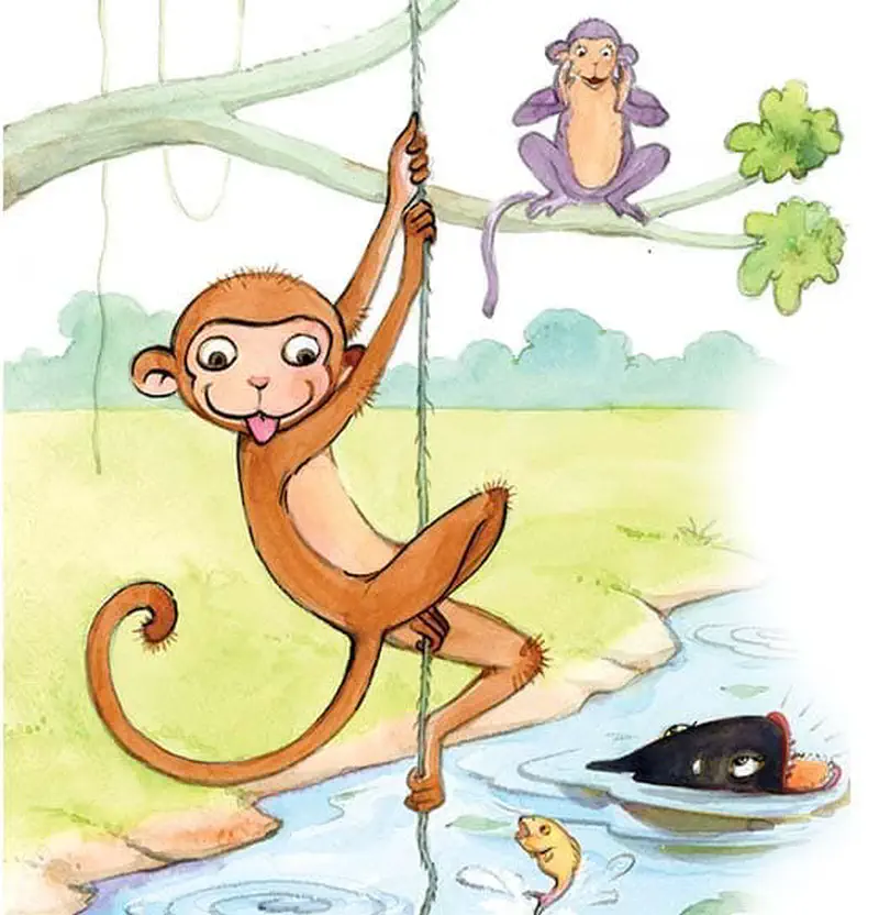 Dan hangs from a vine sticking out his tongue while the purple monkey watches from a branch and a big fish lurks in the river.