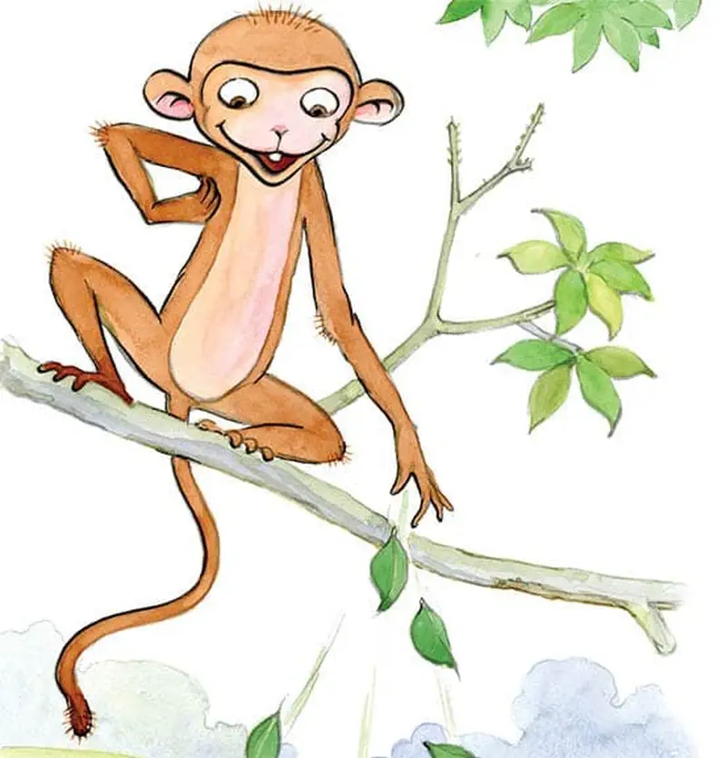Dan the monkey sits on a branch looking excited and happy with one arm raised, surrounded by green leaves.