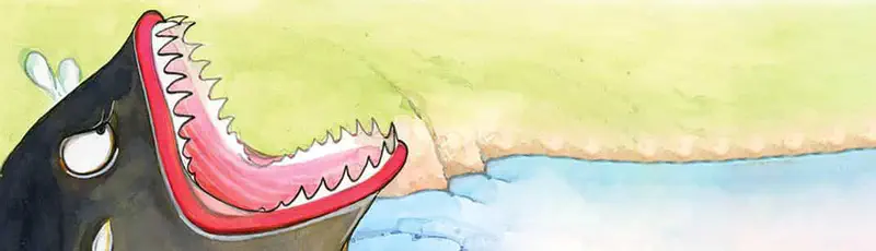 Close-up of the big fish with its mouth wide open showing rows of sharp teeth, a dragonfly flying nearby over the river.