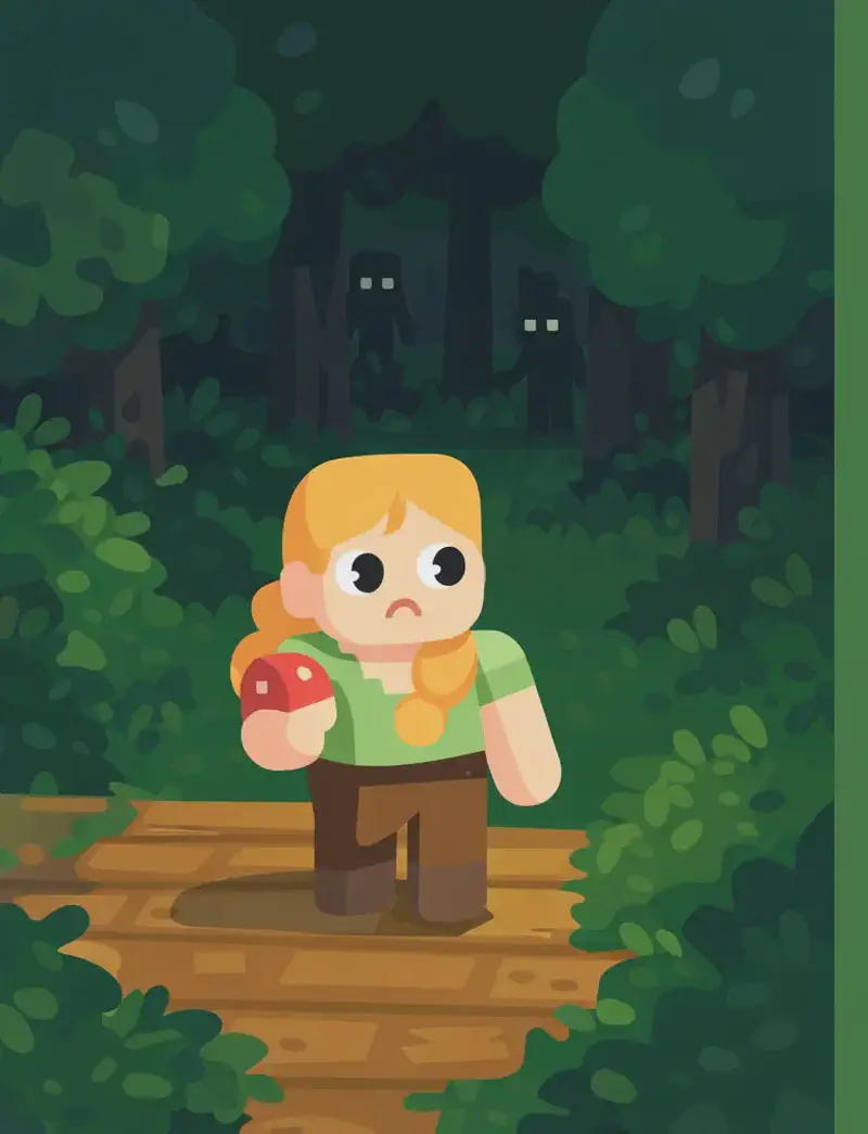 On the left side of the image, a Minecraft-style character stands on a wooden path in a dense forest, looking alert with a cautious expression and holding an item in one hand. Dense green trees and leafy foliage surround the area, creating a shadowy forest environment where visibility is limited. Faint dark shapes lurk among the trees in the background, hinting at mobs hiding in the shade. The right side of the image is plain green background reserved for text overlay.