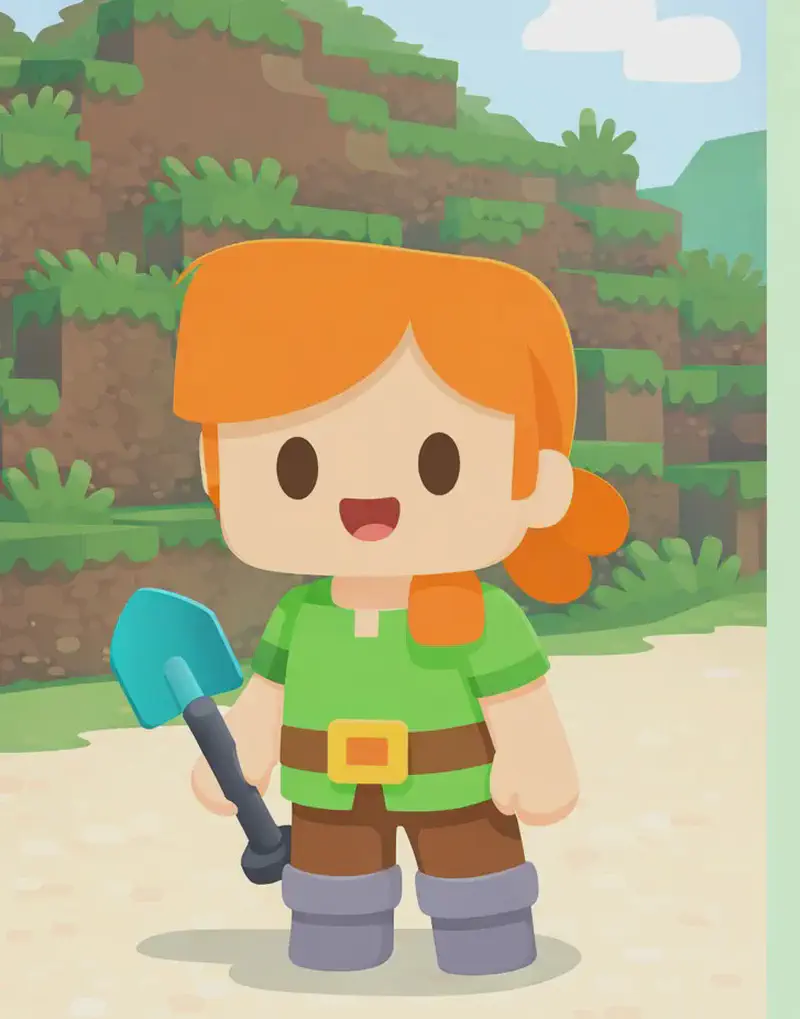 Alex stands on the left side of the image, facing the viewer with a wide, excited grin, holding a diamond shovel in her right hand down by her side. She is positioned outdoors on a light sandy/snowy ground with a grassy hillside rising behind her, with patches of grass and exposed dirt — a bright daytime scene. The right ~40% of the image is plain mint-green background, clear for text overlay.