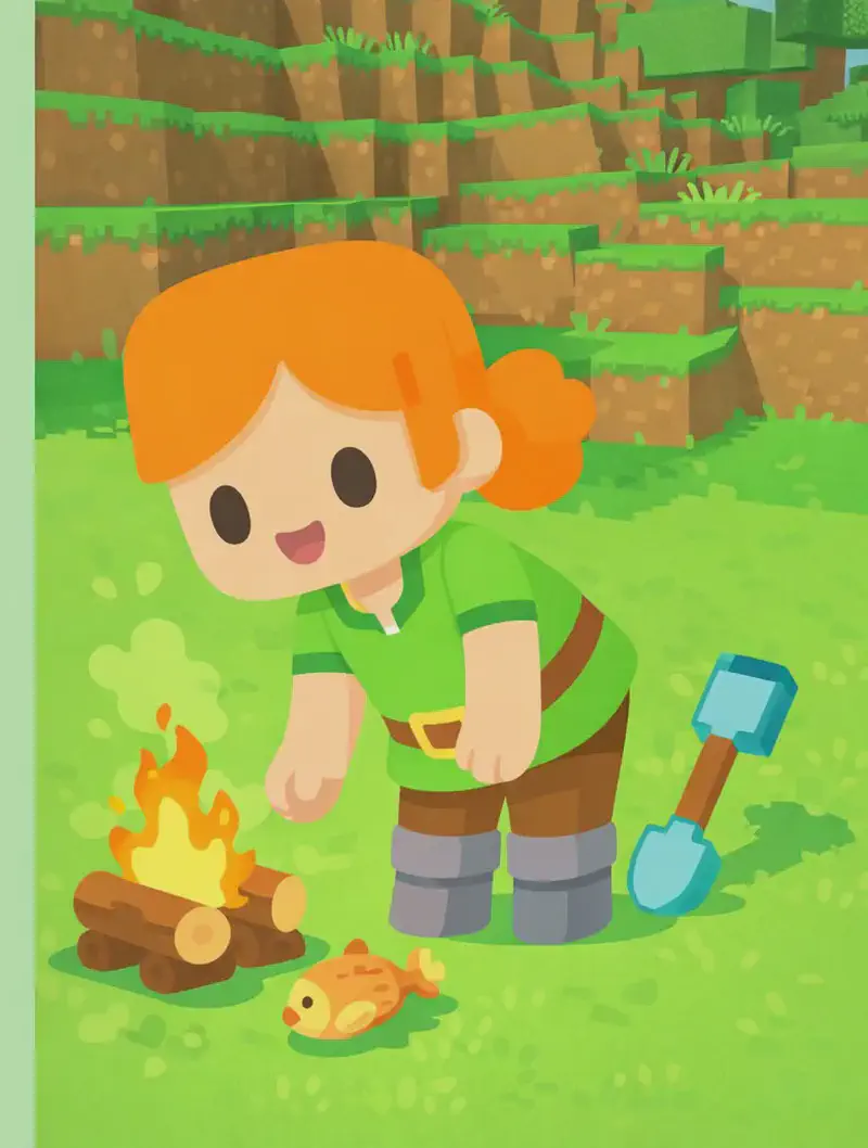 On the right side of the image, Alex stands on a grassy area, leaning slightly forward with a focused expression as she tends to a small campfire burning beside her, with her diamond shovel resting on the ground nearby. A cooked cod sits by the edge of the flames. The campfire sits on the ground to her right, with visible flames flickering over logs. The scene is set outdoors during daytime on flat green terrain with a hillside of dirt and grass rising in the background, rendered in a Minecraft-style blocky aesthetic. The left side of the image is plain mint-green background, clear of any detail.