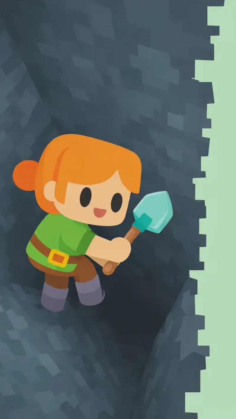 On the left side of the image, Alex is descending into a deep, dark underground hole or cave, viewed from above at a steep angle. Alex appears small against the rocky gray walls, gripping her diamond shovel tightly as she climbs down into the narrow passage with a tense, cautious posture. The cave environment is dimly lit with rough stone walls closing in around the opening, while the right side of the image opens to a plain mint-green background.