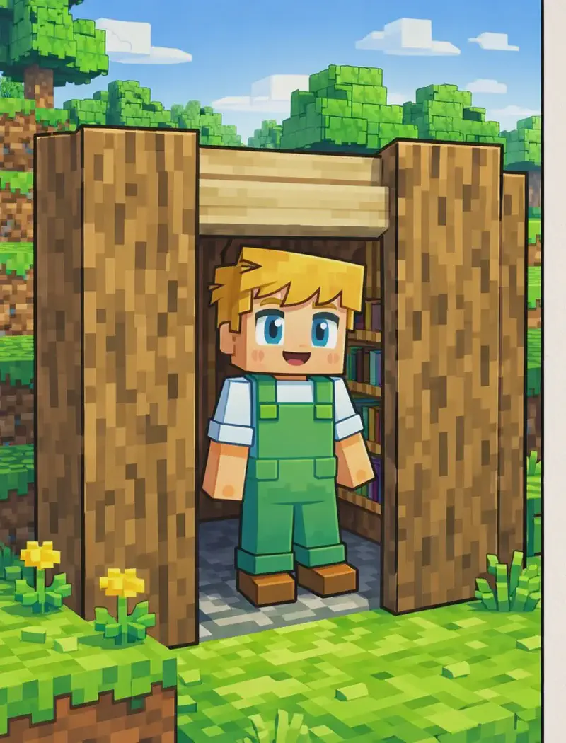 On the left side of the image, Ned stands inside the open doorway of a small wooden shed, facing outward with a warm smile. The shed is a simple, compact structure made of wooden planks with a bookshelf visible inside, set on a grassy hillside surrounded by trees and small yellow flowers under a daytime sky with light clouds. The right ~40% of the image is plain light background suitable for text overlay.